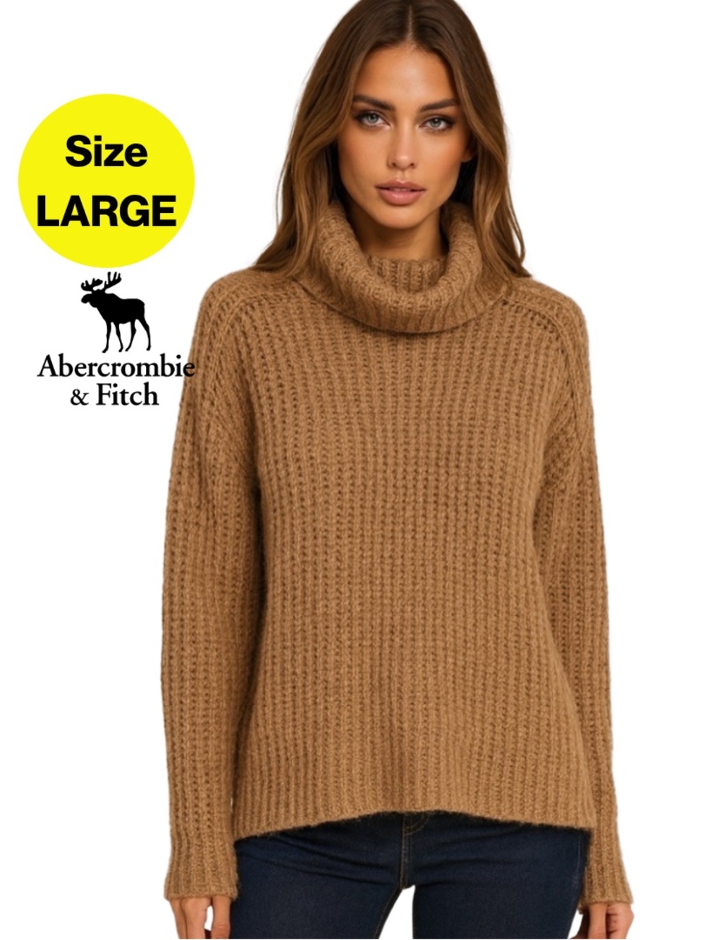 ABERCROMBIE & FITCH 🤎 Cozy, Camel Turtleneck Cable-Knit Sweater (Women’s Large)